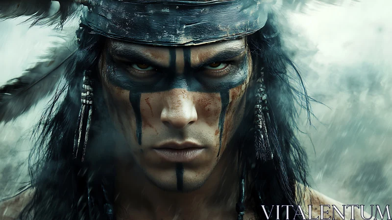War-painted warrior portrait in cinematic digital close-up.