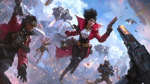 Rebel gunslingers storm a neon skyway in midair firefight.