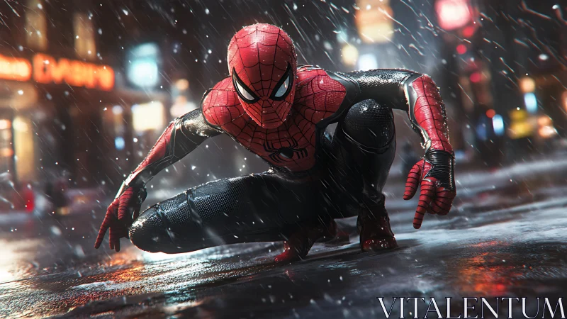 Spider-themed hero crouched on wet city street in rain.
