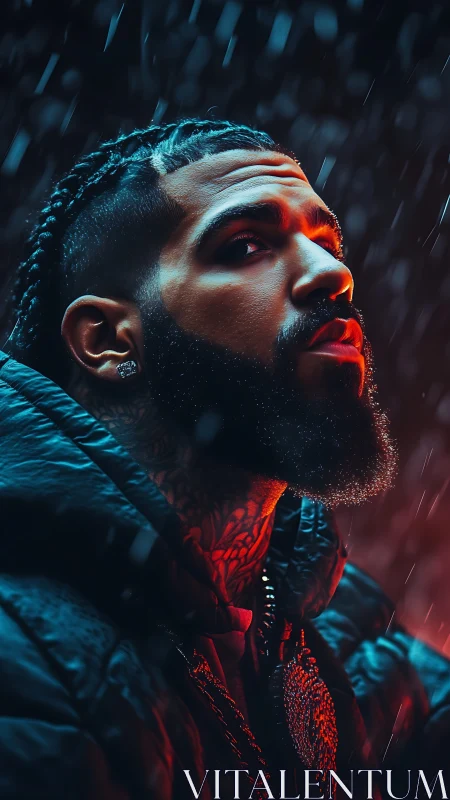 Side-profile portrait shows braided man in rainlit scene