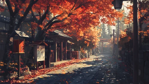 Golden autumn street glows softly beneath maple trees