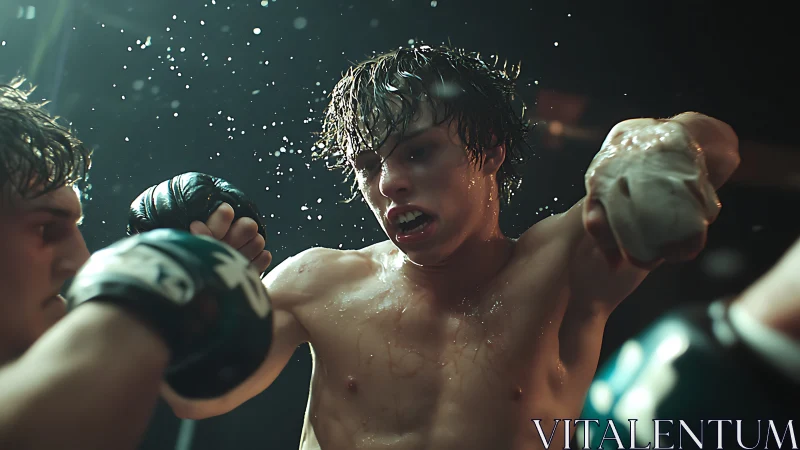 Young boxer throws powerful punch amid water droplets in intense combat.