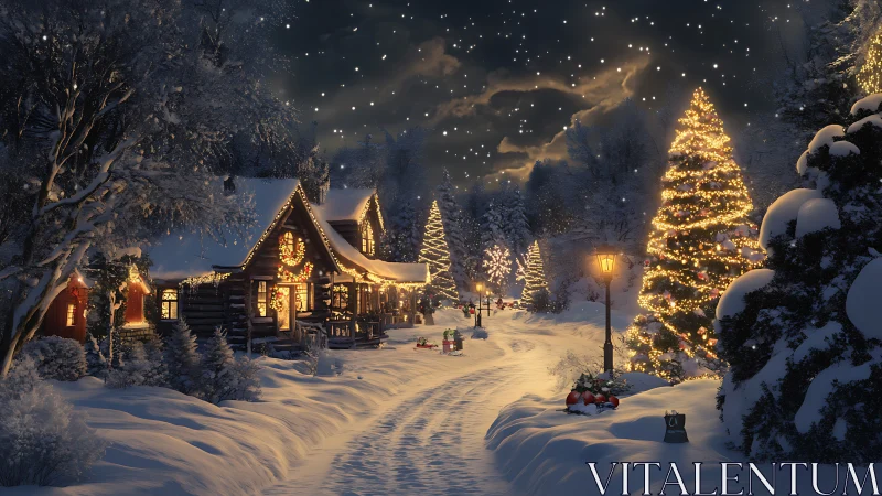 Snowy Christmas village glows under a star-filled winter sky.