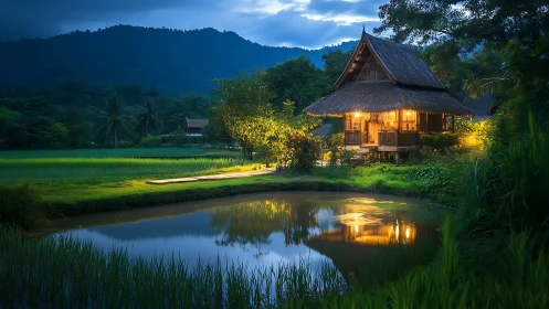 Warm wooden hut glows beside rice field pond at dusk