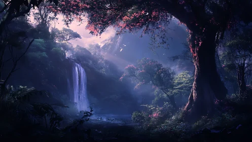 Ethereal Cave Portal: Waterfall Sanctuary Bathed in Enchanted Dawn Light.