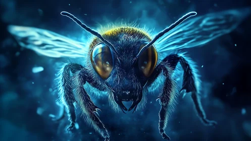 Macro digital rendering of illuminated flying bee insect.