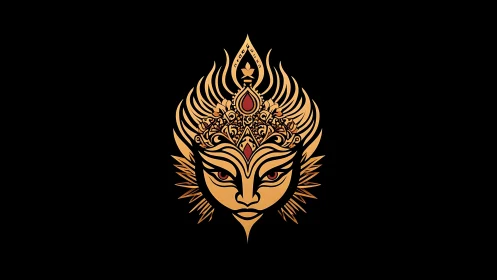 Symmetrical vector deity mask with ornate radial gold filigree lines