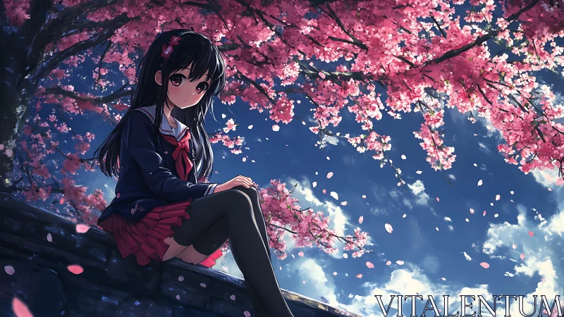 Schoolgirl seated under cherry blossoms against sky.
