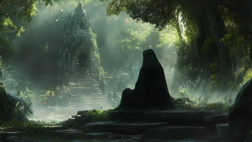 Hooded figure faces ancient stone temple in misty forest.