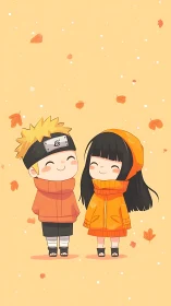 Two stylized child figures stand under falling autumn leaves