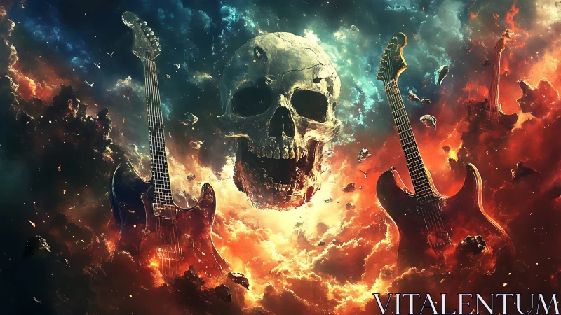 Floating skull and electric guitars in turbulent nebula field.