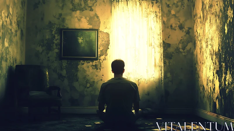 Soft morning light welcomes a lone figure in a worn room