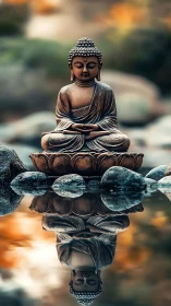Serene Buddha statue rests above reflective water surface
