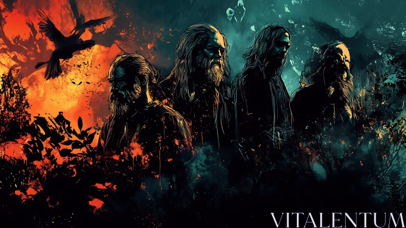 Split-complementary portrait of four bearded figures in dual chromatic haze