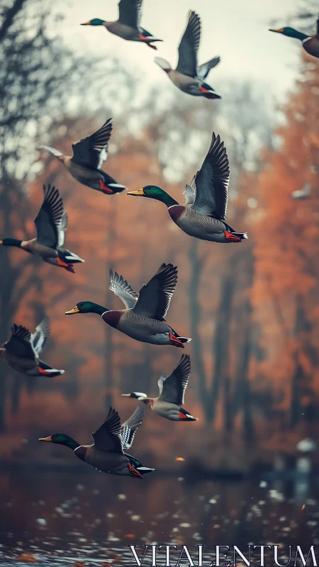 Mallard flock in synchronized autumn lake flight.