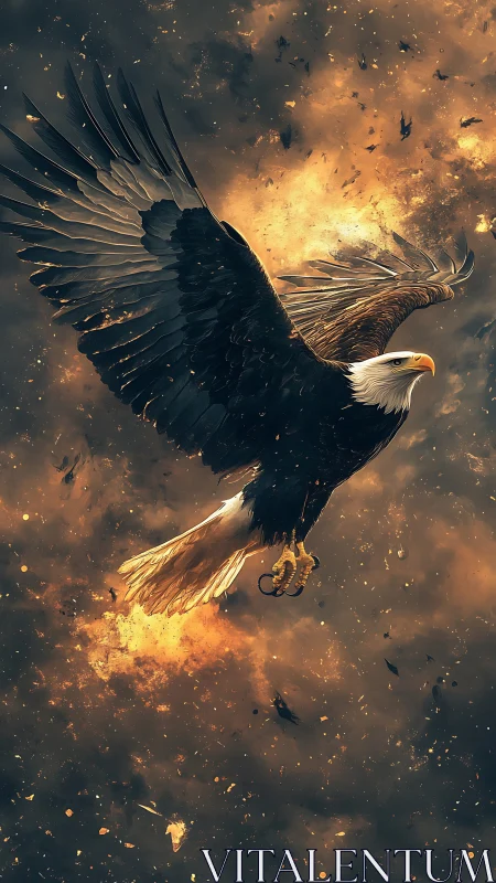 Soaring eagle glides through glowing stormlit skies.