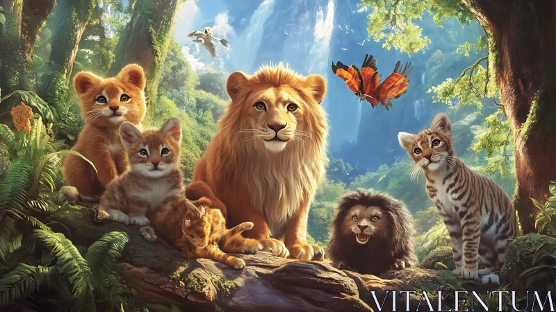 Fantasy Forest Family: Lion with Cubs and Wildlife.