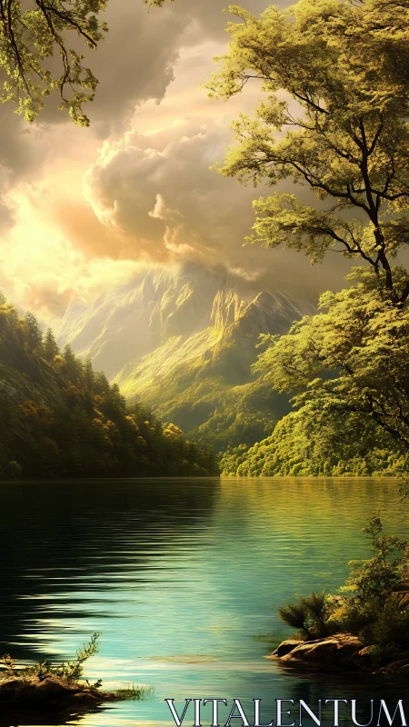 Golden mountain lake under dramatic storm-lit skies.