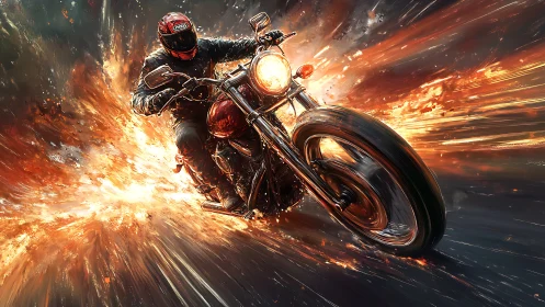 Flaming street motorcycle charge through explosive streaks.