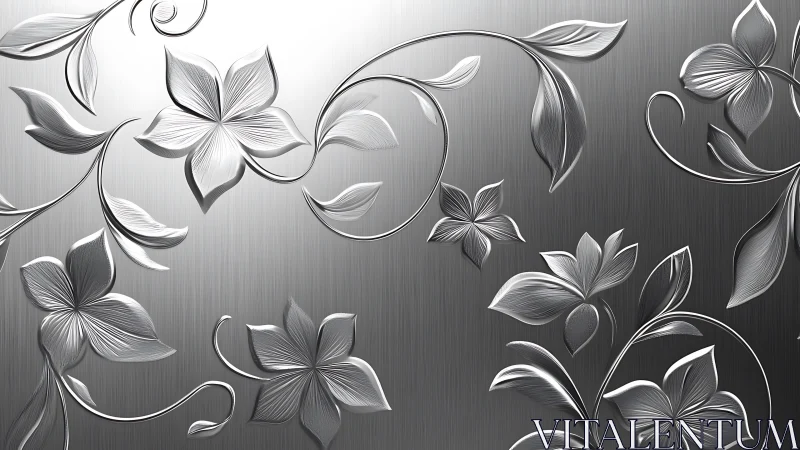 Embossed metallic floral relief with brushed steel gradient background