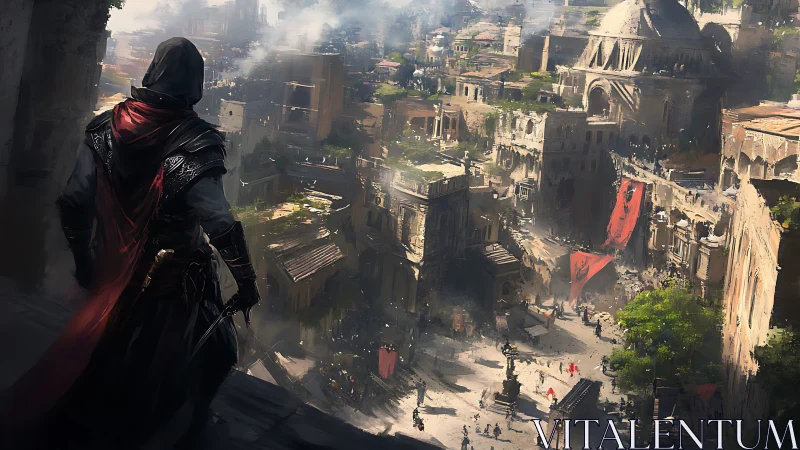 Hooded wanderer watching a sunlit city on the brink.