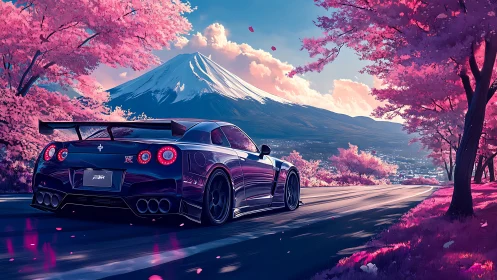 Sports car drives under cherry blossoms toward distant mountain