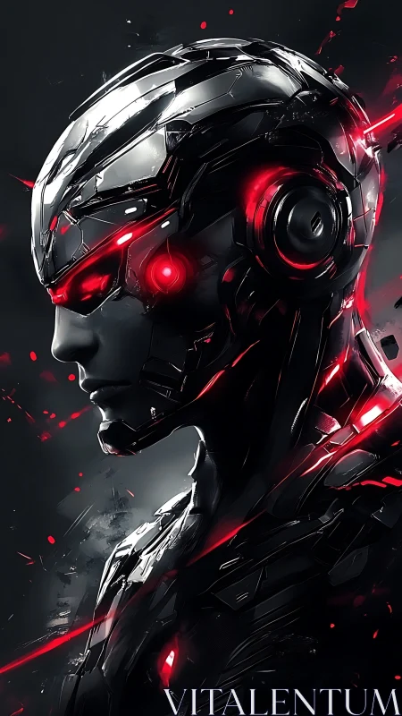 Chromed cybernetic warrior in red-laced neon gloom.