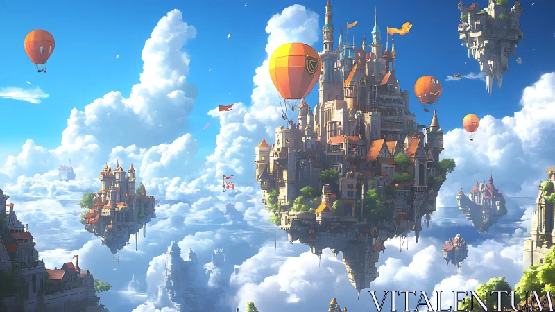 Floating multi-tower castles with hot air balloons in sky.
