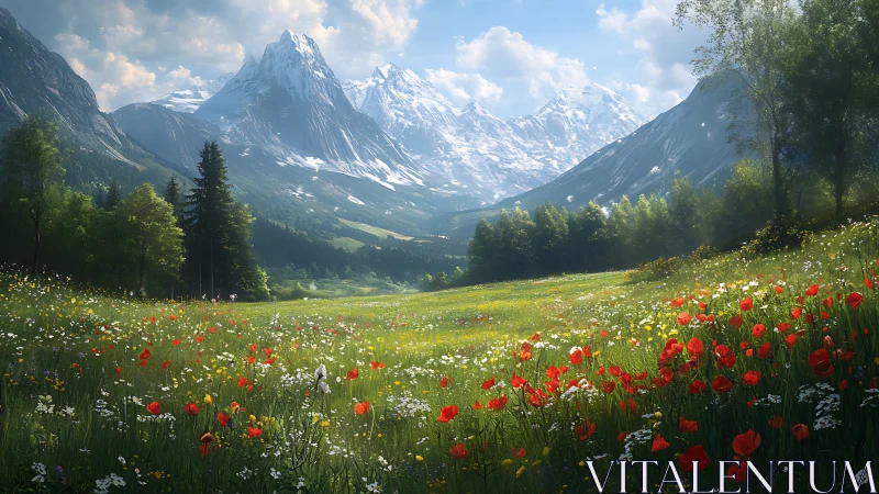 Sunlit wildflower meadow gently welcomes distant snowy peaks