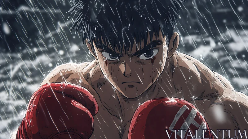 Anime character with determined expression boxing in heavy rain