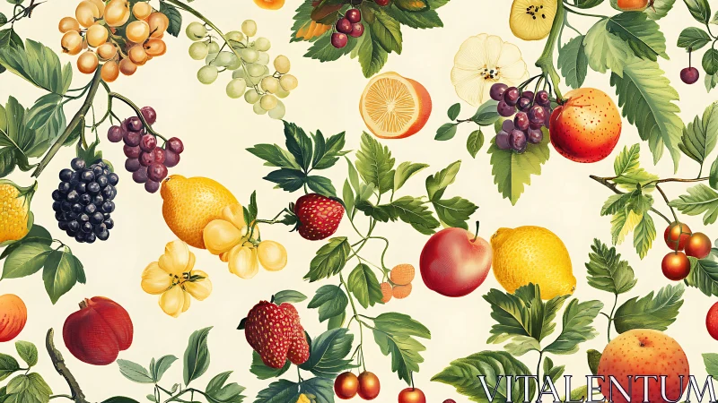Botanical fruit pattern with clustered citrus, berries and vines.