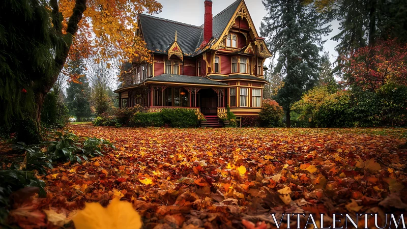 Victorian house glows warmly amid a carpet of autumn leaves