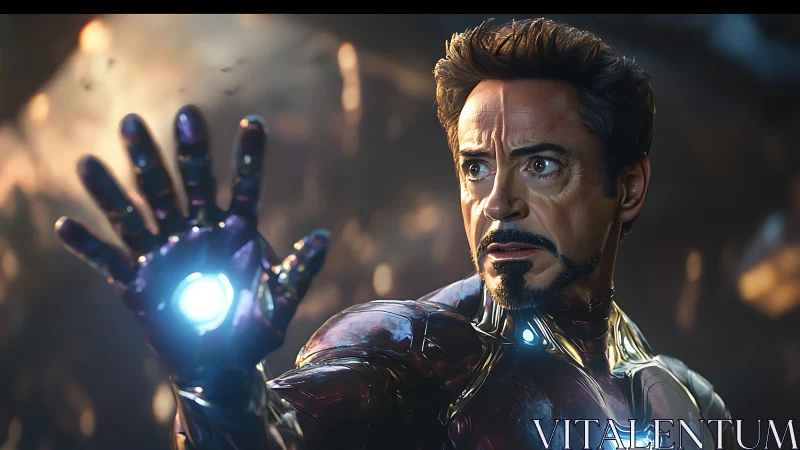 Armored hero raises glowing gauntlet in battle stance.