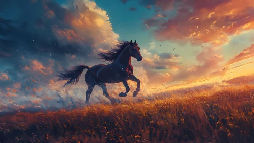 Wild horse sprinting under blazing sunset sky horizon.