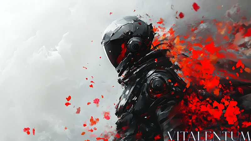 Armored figure in helmet stands amid dispersed red fragments