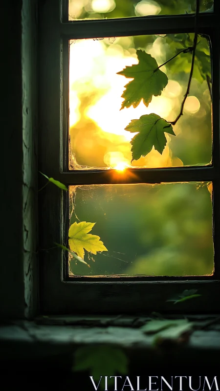 Sunlit green leaves at an old wooden window frame.