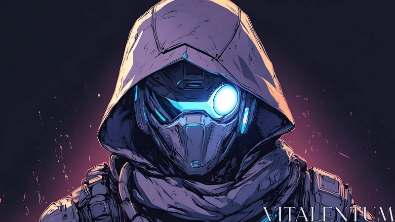 Hooded cybernetic operative with luminescent monocular optics.