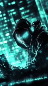 Neon ghost hacker bends city lights into electric code storm.