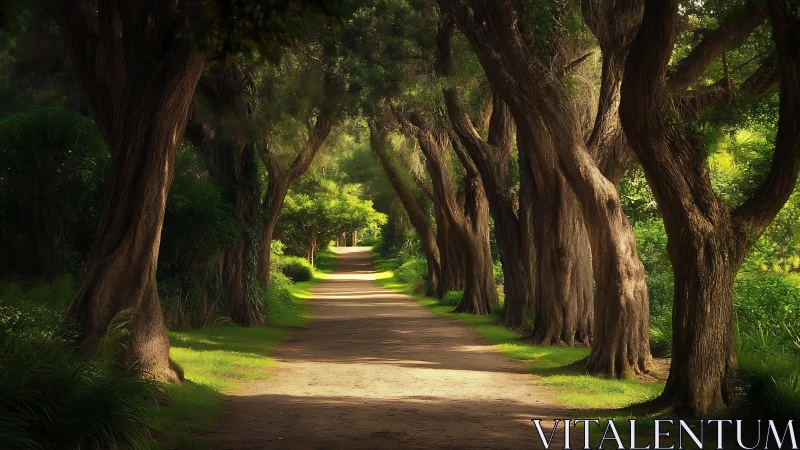 Tree lined dirt path through dense green woodland corridor.