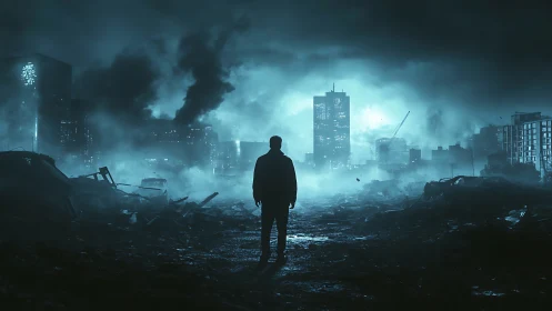 Lone survivor walks into a storm-lit, ruined megacity night.