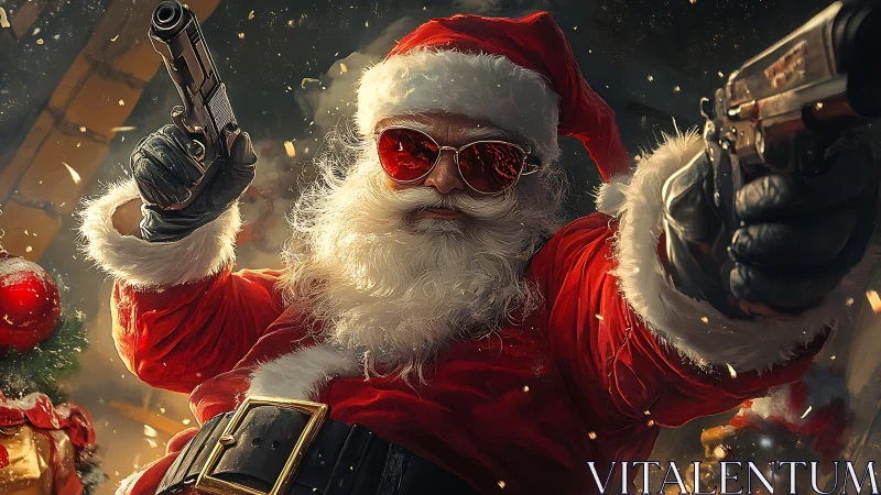 Action-charged Santa in dynamic holiday gunfight scene.