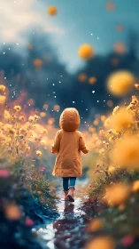 Backlit child in yellow coat walking along reflective floral path