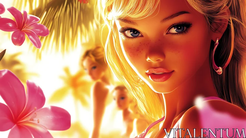 Sunlit freckled girl dominates tropical floral paradise.