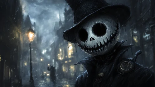 Skull-faced figure in top hat on rainy nocturnal street.