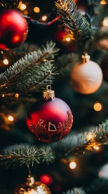 Crimson ornament dreams amid twinkling evergreen starlight.