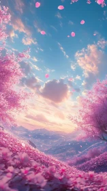 Petal storms drift above a dream-bright cherry valley