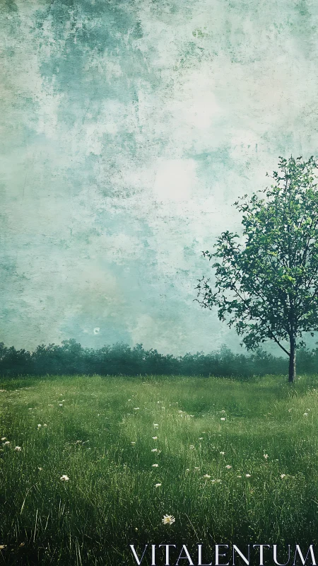 Single tree stands on grassy meadow under textured sky