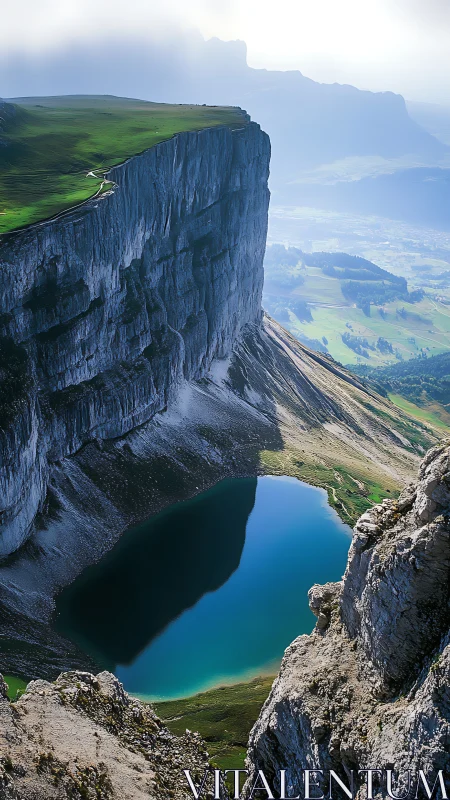 Sheer cliff wall towers above reflective turquoise mountain lake