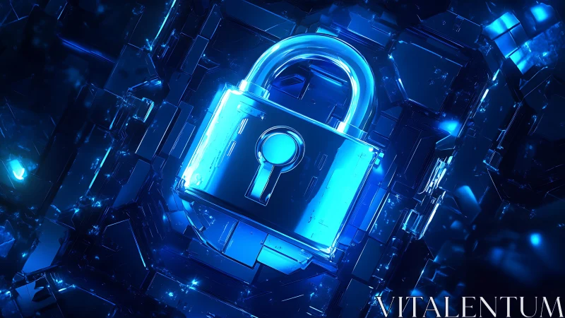 Soft blue cyber lock glowing in a digital city of glass.