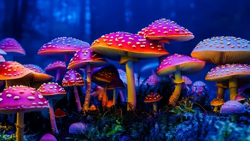 Glowing neon mushrooms illuminate dense nocturnal forest floor